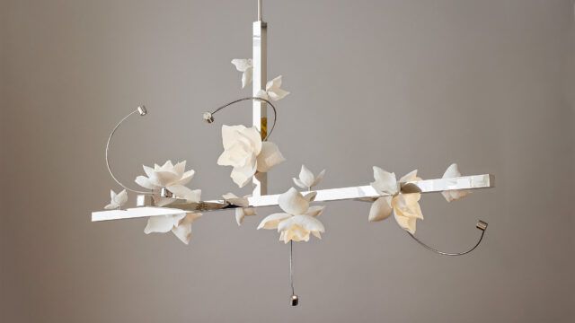 A custom Lure Chandelier T, with five large white flowers and a polished nickel structure.