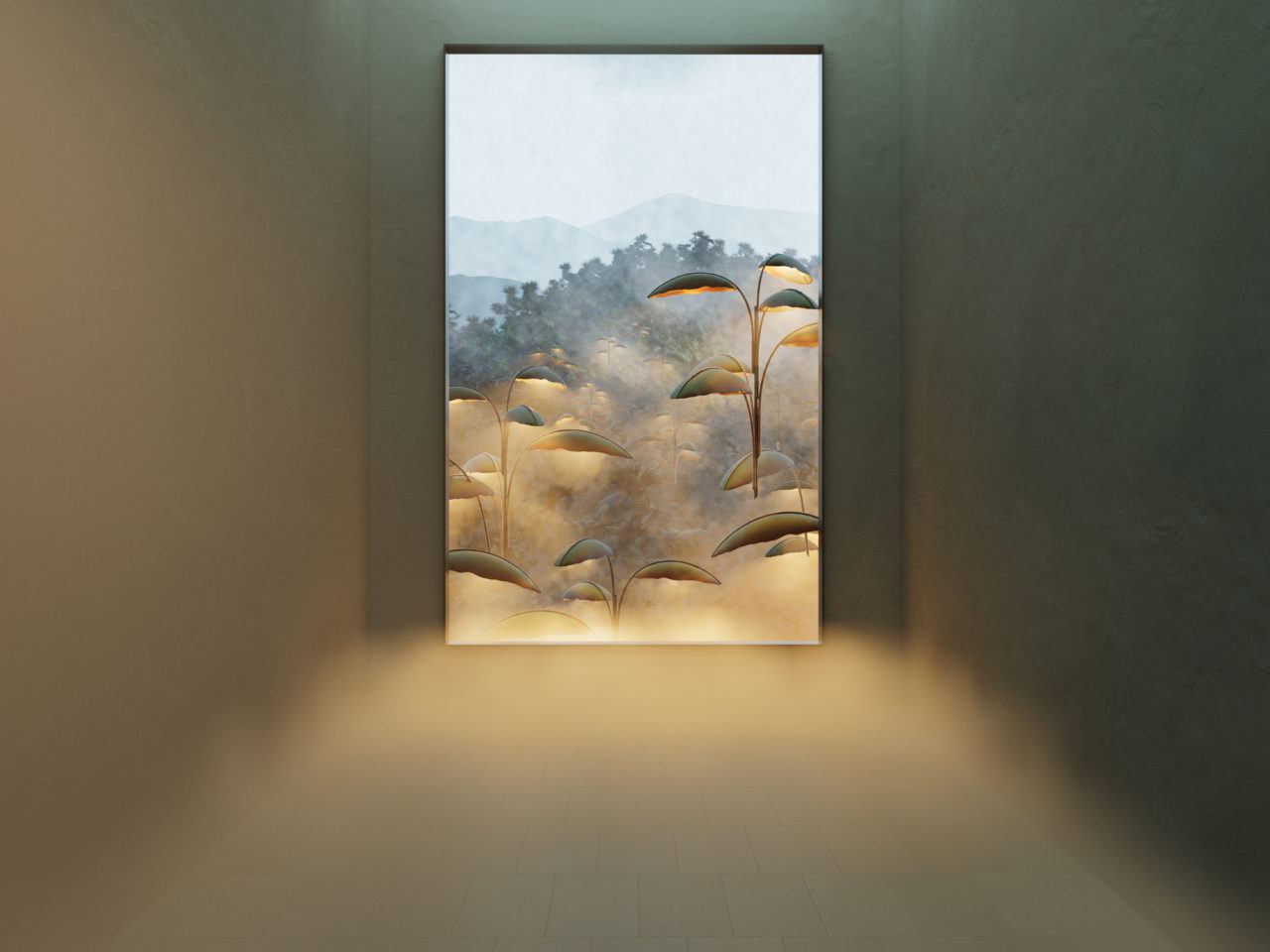 3D rendering of a tropical rainforest with mountains in the distance. Pelle's Nana Lure Chandeliers hang above the treetops.
