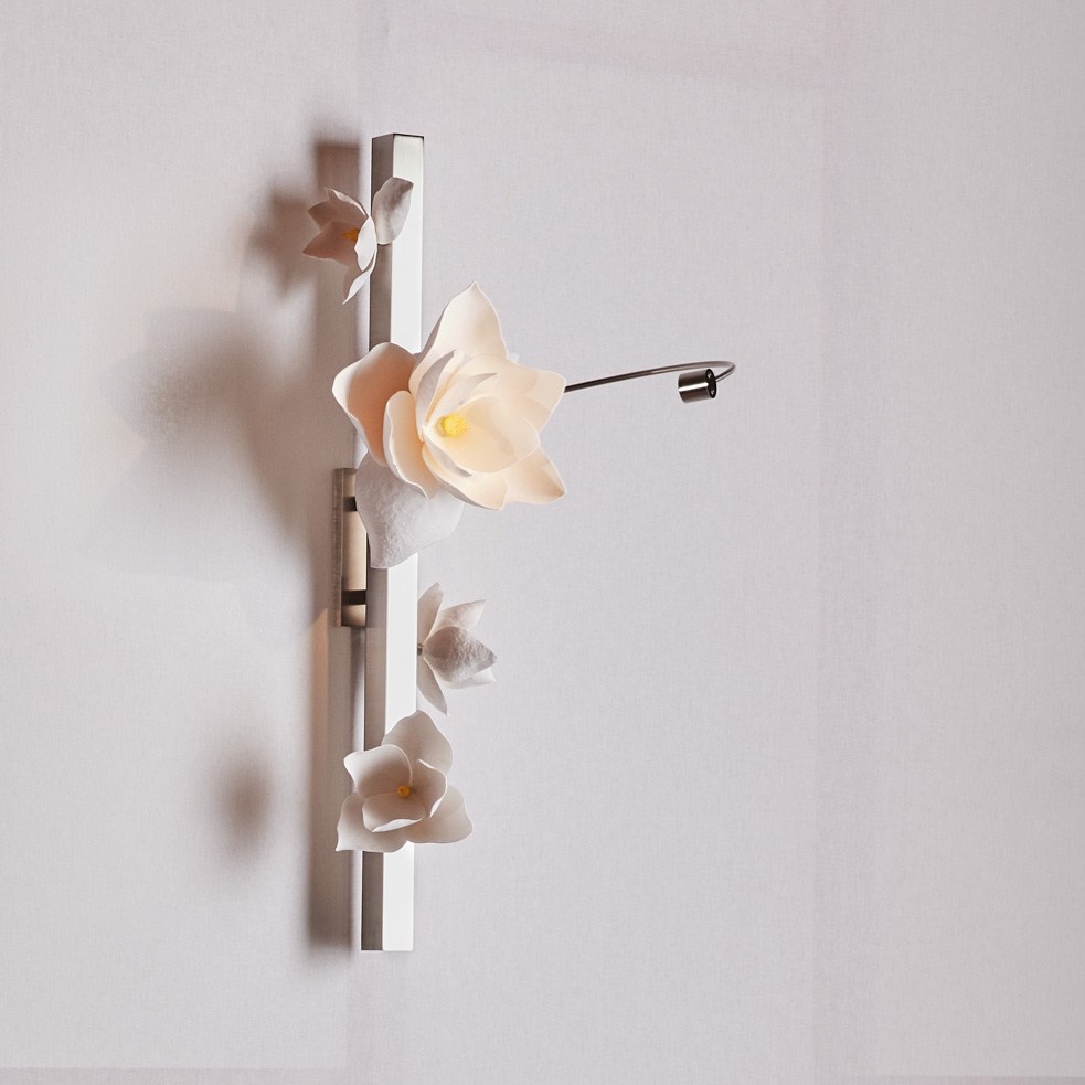Pelle’s Lure Sconce 32, with white magnolia flowers handmade by the studio.