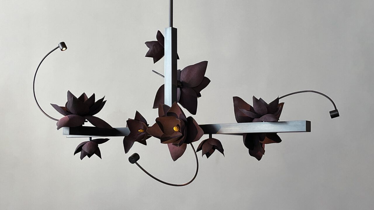 Pelle’s Lure Chandelier 4, with black violet flowers handmade by the studio